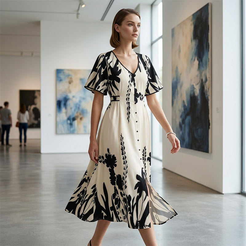 💎 BOTANICAL MIDI DRESS! 💎 Elegant V-Neck, A-Line Silhouette & Chic Flutter Sleeves for Timeless Style 👗🌿