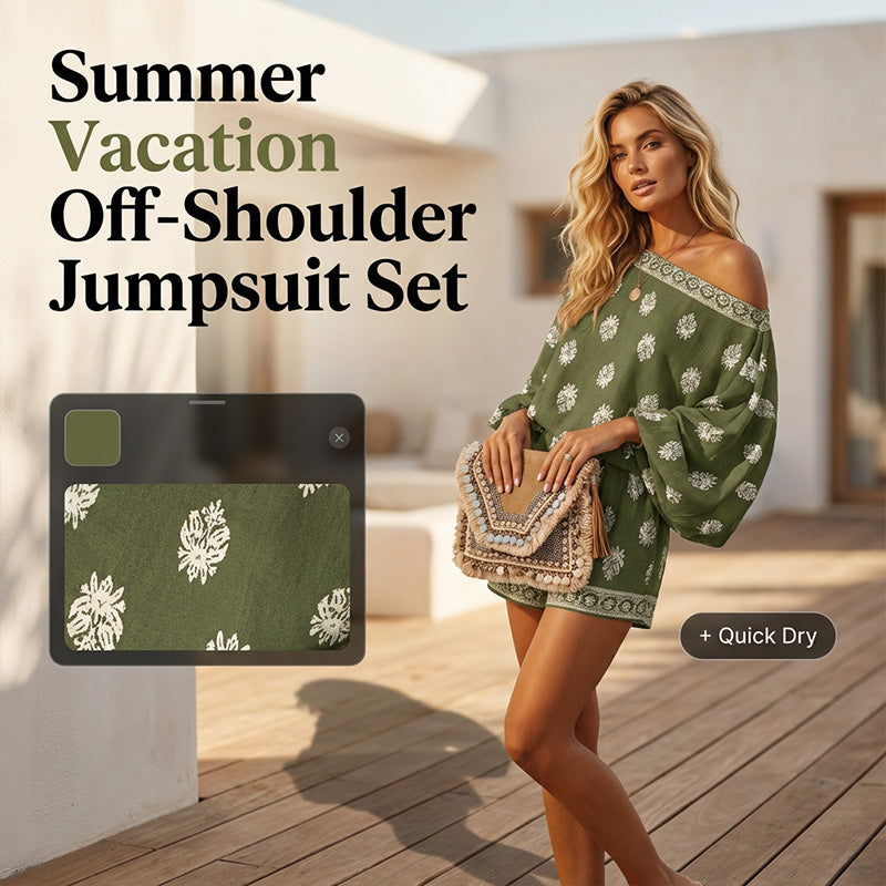🏖️ LIMITED-TIME 50% OFF! ✨ Bohemian Off-Shoulder Jumpsuit Set – Vintage Print, Vacation, Relaxed ✨