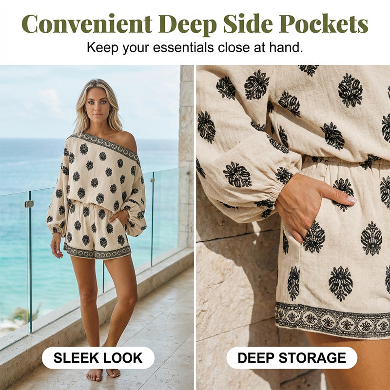 🏖️ LIMITED-TIME 50% OFF! ✨ Bohemian Off-Shoulder Jumpsuit Set – Vintage Print, Vacation, Relaxed ✨