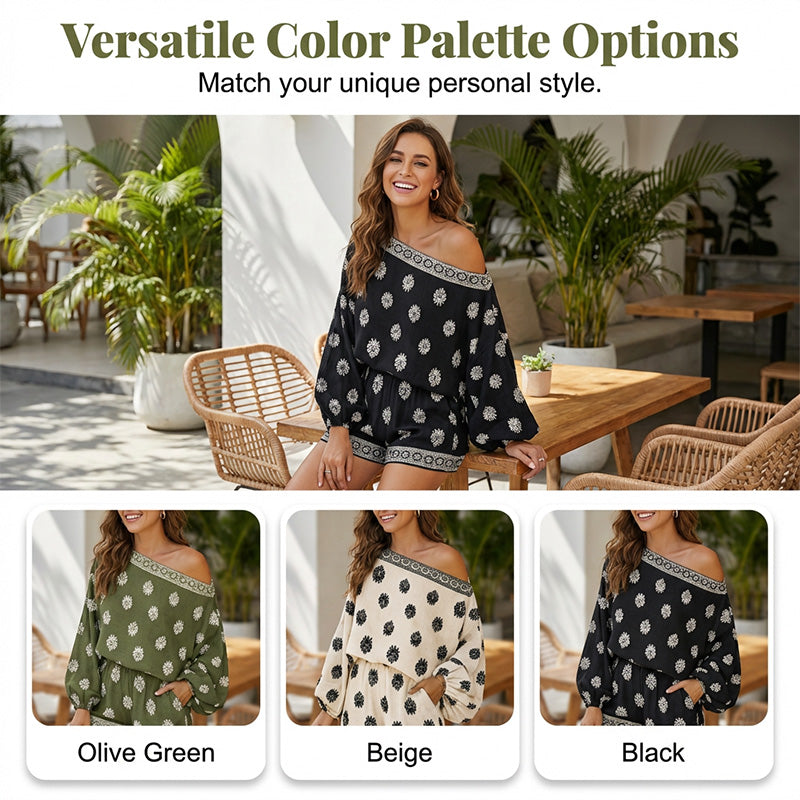 🏖️ LIMITED-TIME 50% OFF! ✨ Bohemian Off-Shoulder Jumpsuit Set – Vintage Print, Vacation, Relaxed ✨
