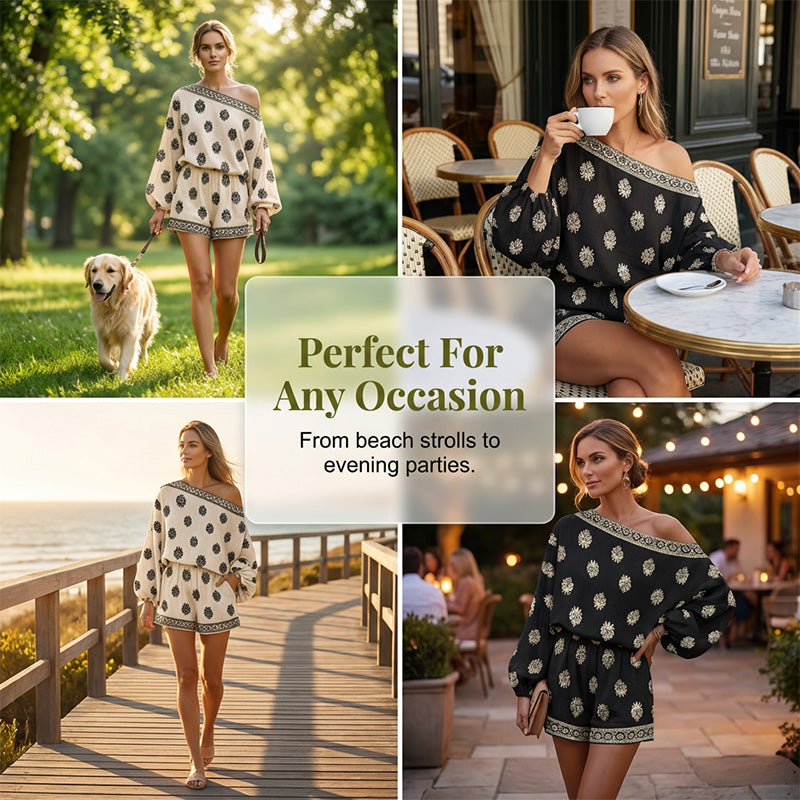 🏖️ LIMITED-TIME 50% OFF! ✨ Bohemian Off-Shoulder Jumpsuit Set – Vintage Print, Vacation, Relaxed ✨