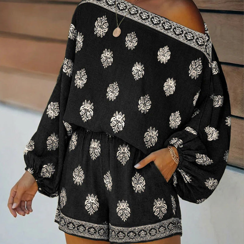 🏖️ LIMITED-TIME 50% OFF! ✨ Bohemian Off-Shoulder Jumpsuit Set – Vintage Print, Vacation, Relaxed ✨