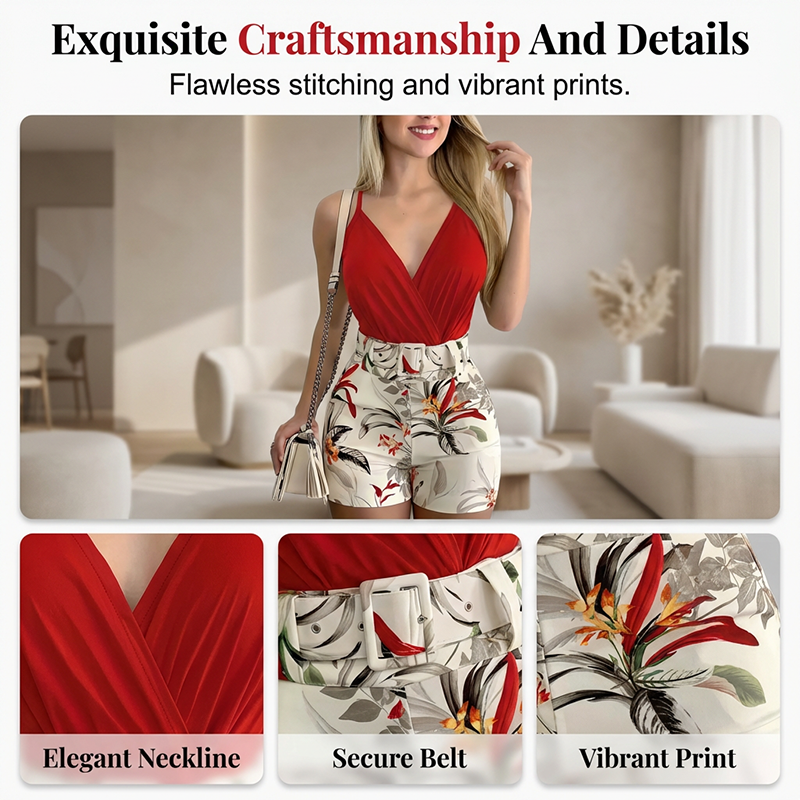 ☀️ LIMITED-TIME 50% OFF! ✨ V-Neck & High-Waist Shorts Set – Tropical Print, 2-Piece Vacation Outfit 🌴
