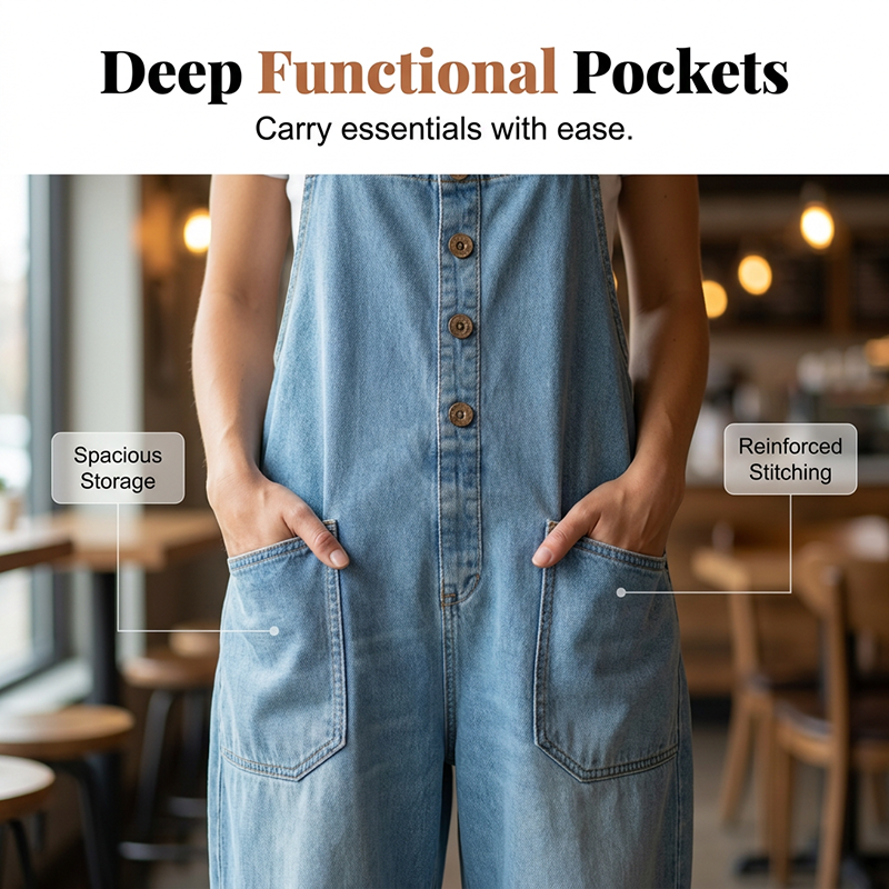 Loose-fitting denim dungarees for women with pockets