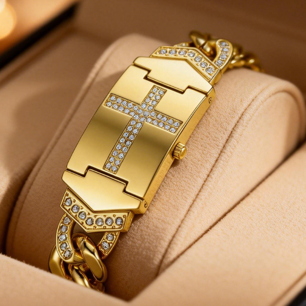 Waterproof gold wristwatch with a cross-shaped clasp design