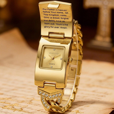 Waterproof gold wristwatch with a cross-shaped clasp design