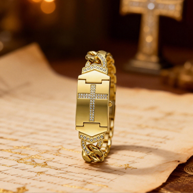 Waterproof gold wristwatch with a cross-shaped clasp design