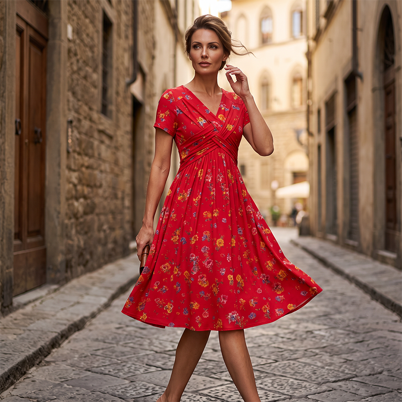 👗Women's V-neck dress | Floral print & cinched waist