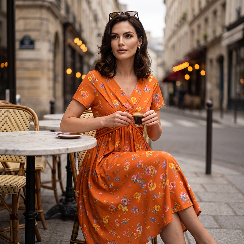 👗Women's V-neck dress | Floral print & cinched waist