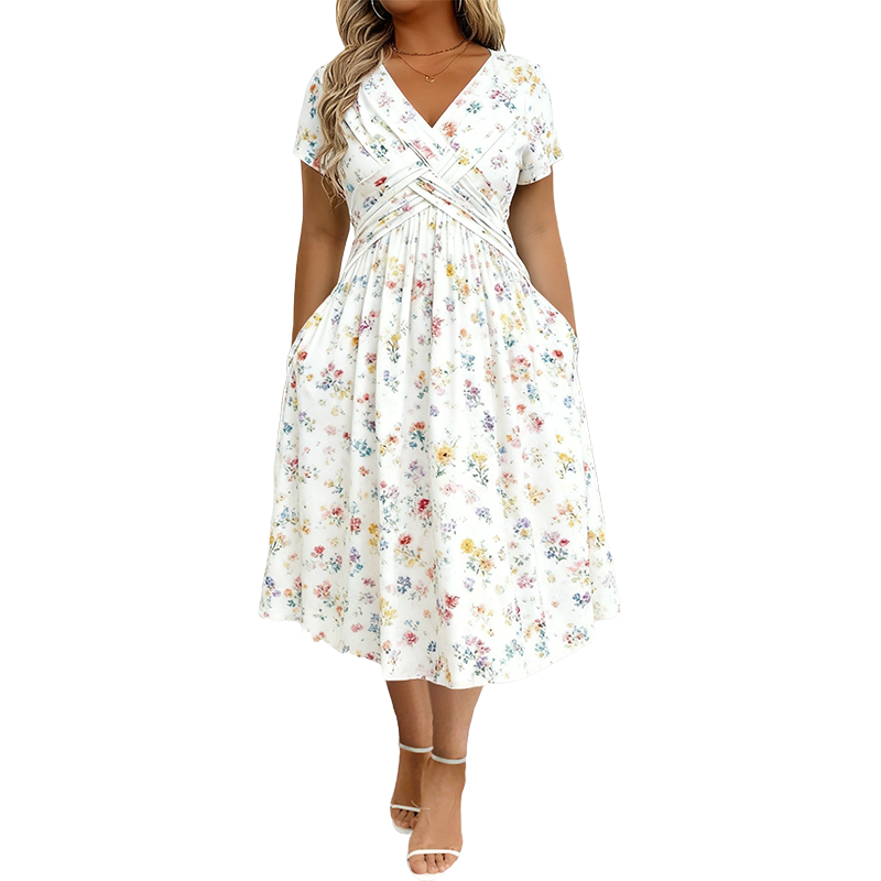 👗Women's V-neck dress | Floral print & cinched waist