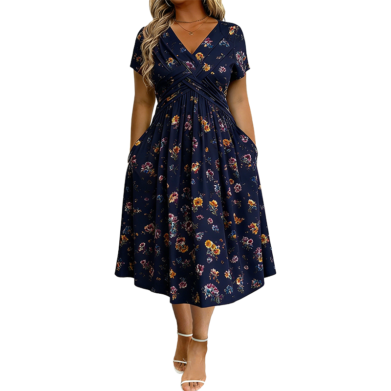 👗Women's V-neck dress | Floral print & cinched waist