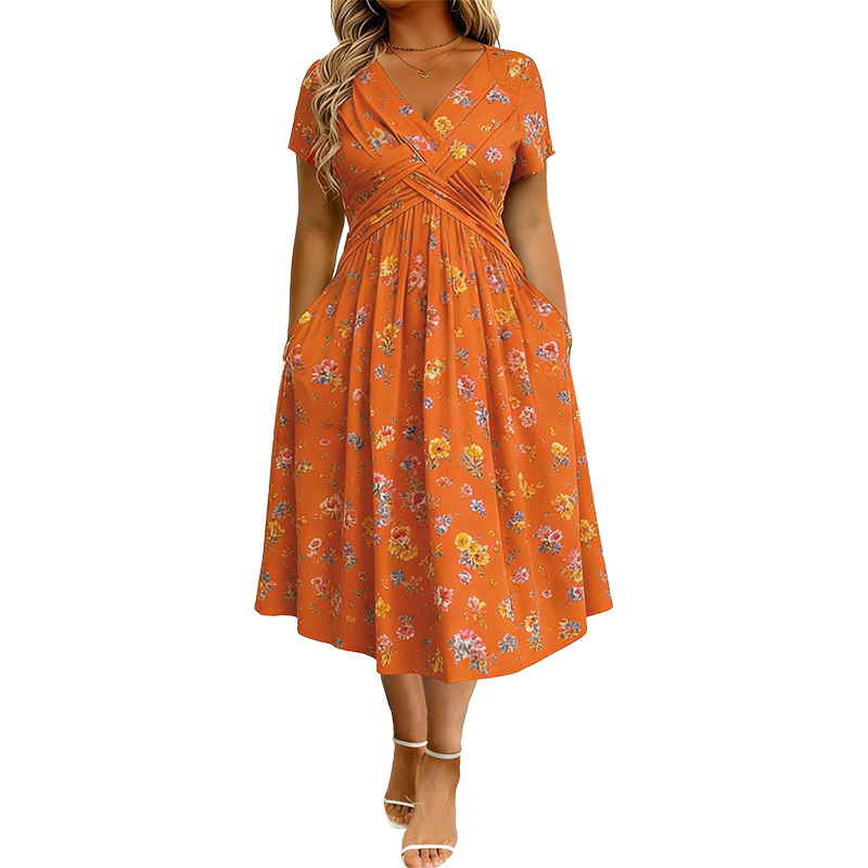 👗Women's V-neck dress | Floral print & cinched waist